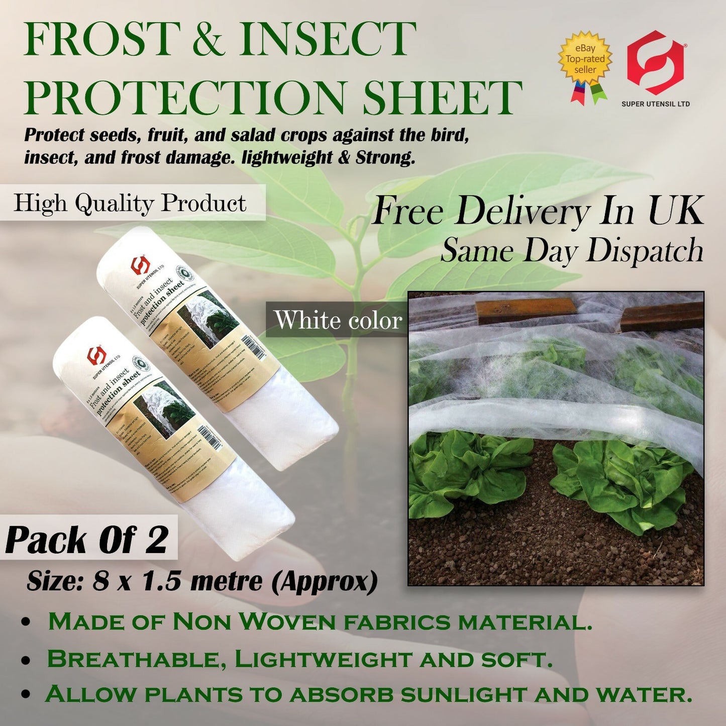Plant Protection Frost & Insect Protective Fleece Sheet Garden 8X1.5M Each 2Pk